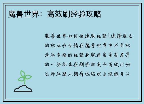 魔兽世界：高效刷经验攻略